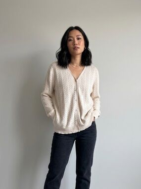 PURE by Alfred Sung | Pointelle Knit V-Neck Cardigan | Size Large